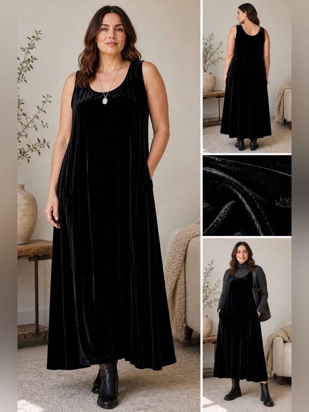 Eileen Fisher Velvet Dress XL Black Silk Blend Sleeveless A-Line Midi Minimalist